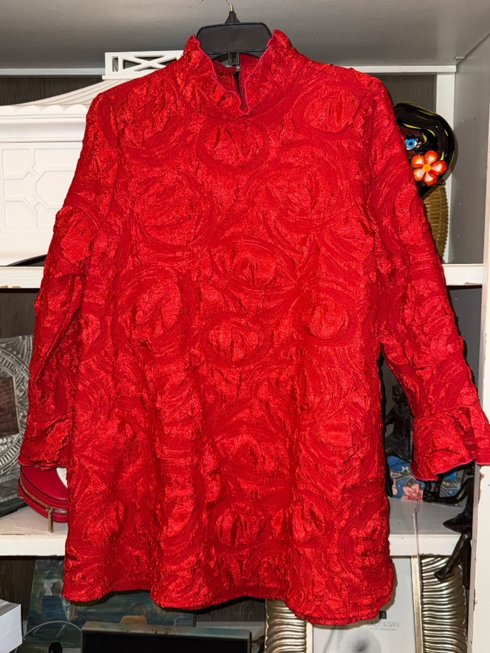 IC collection red textured tunic mock ruffle neck zip back Large L - Picture 3 of 5